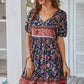 Floral Puff Sleeve Summer Dress Women Casual Loose Ruffle Boho Holiday Beach Sundress Green Vintage Elegant Lace-up Mini Dresses