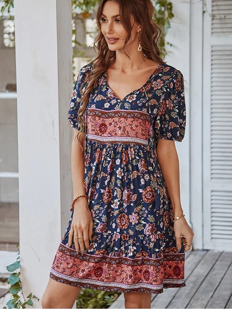 Floral Puff Sleeve Summer Dress Women Casual Loose Ruffle Boho Holiday Beach Sundress Green Vintage Elegant Lace-up Mini Dresses