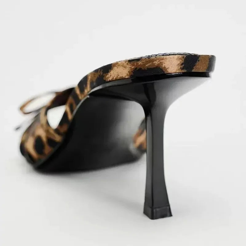 2024 Summer New One-strap Back Empty Female Drag Bow Decorated Leopard Print High Heels Printed High-heeled Sandals  Slippers