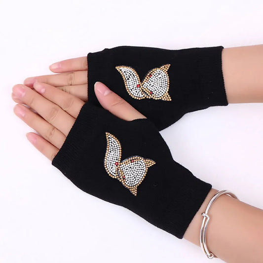 Fingerless Gloves For Women Black Colour Animals Pattern Rose Embroidery Half Finger Gloves Winter Warm Gloves