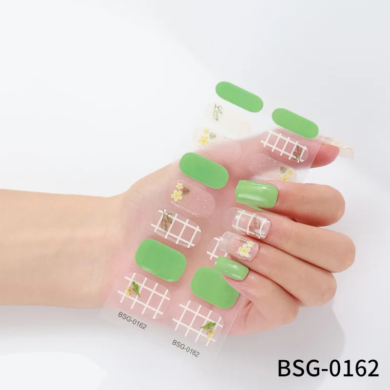 16 Strips Semi-cured Gel Nail Art Stickers 3D Hot Stamping Phototherapy Long Lasting Manicure Stickers Full Cover Nail Charms