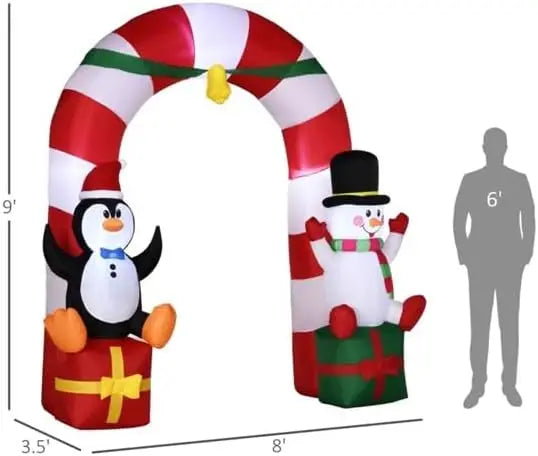 9.8ft Christmas Inflatables Archway Outdoor Decorations Lighted Candy Cane Archway with Penguin Snowman Sit on Gift Box