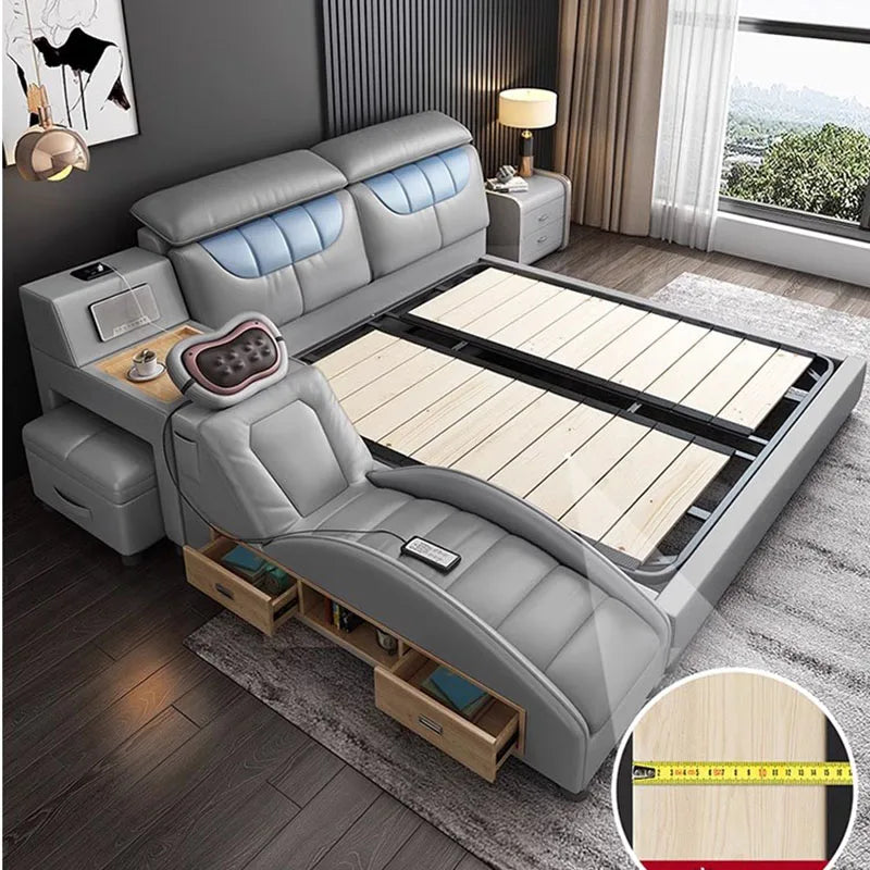 Cute Queen Size Double Bed Aesthetic Unique Nordic Multifunctional Leather Double Bed King Modern Cama Box Casal Furniture