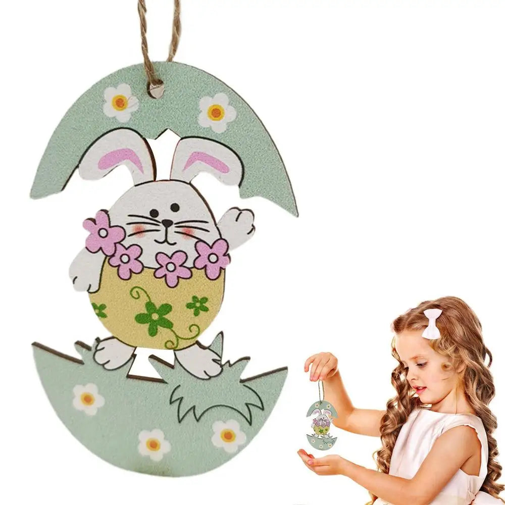 Wooden Easter Bunny Pendant Easter Egg Bunny Hanging Ornaments Lovely Rabbit Flat Hanger Colorful Easter Wall Art For Front