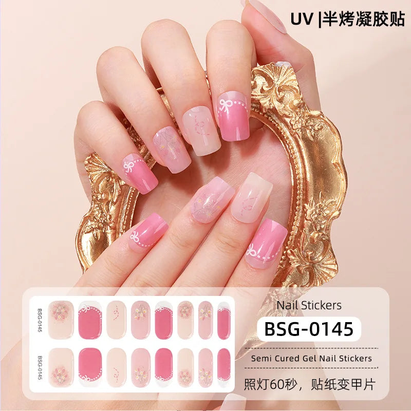 16 Strips Semi-cured Gel Nail Art Stickers 3D Hot Stamping Phototherapy Long Lasting Manicure Stickers Full Cover Nail Charms