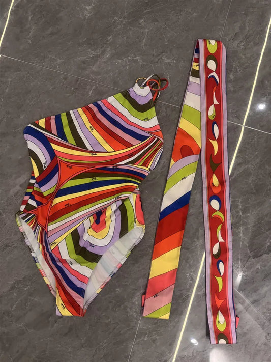Women Swimsuit Split Swimsuit Bikini Striped Geometry Pattern One-Piece Swimsuit