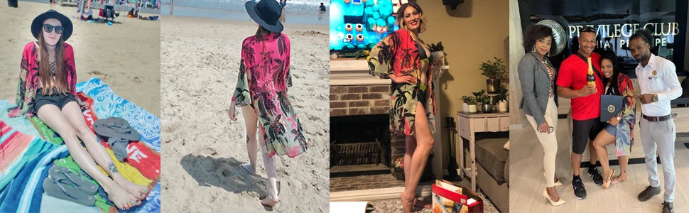 Women'S Summer Beach Kimono Cardigan Floral Print Chiffon Loose Top Bikini Cover Up Sexy Transparent Shawl Oversize Cardigan