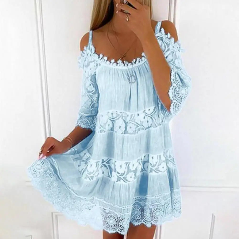 Embroidery Crochet Lace Cold Shoulder Mini Dress Women Scoop Neck Half Sleeves Mid-Rise Loose Fit Summer Dress Lady Beach Dress