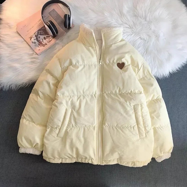 Cute Embroidery Parkas Coat Women Winter Korean Fashion Thick Loose Warm Jacket Double Sided Design Pink Student Clothes