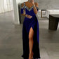 Women V Neck Off Shoulder Long Dress Summer Hollow Out Glitter Patchwork Party Dress Elegant High Waist Split Slim Evening Dress