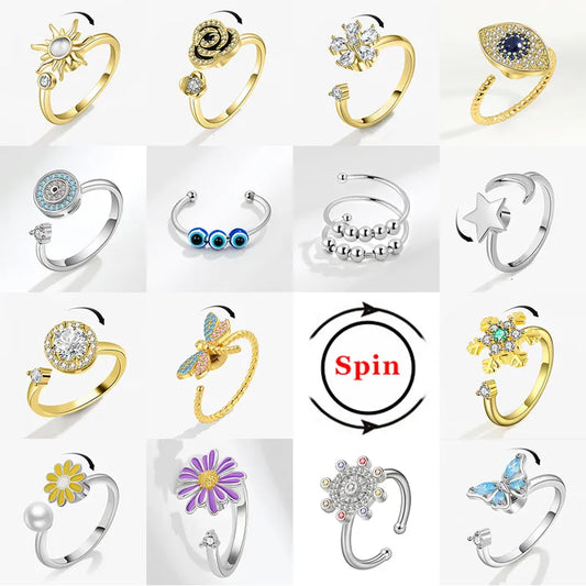 Luxury Anxiety Ring Fidget Spinner Ring for Women Crystal Flower Butterfly Animal Finger Ring Rotate Anti Stress Wedding Jewerly