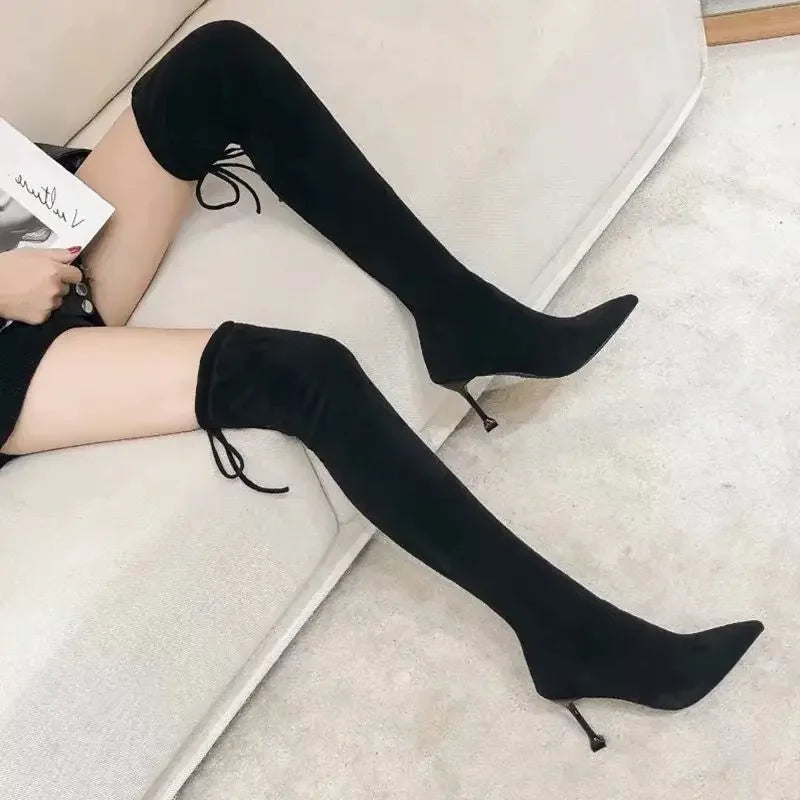 Winter Stretch Long Faux Suede Boots Women Over-the-knee Hight Heel Boots Casual Black Sexy Shoes for Women Autumn Woman Bottes