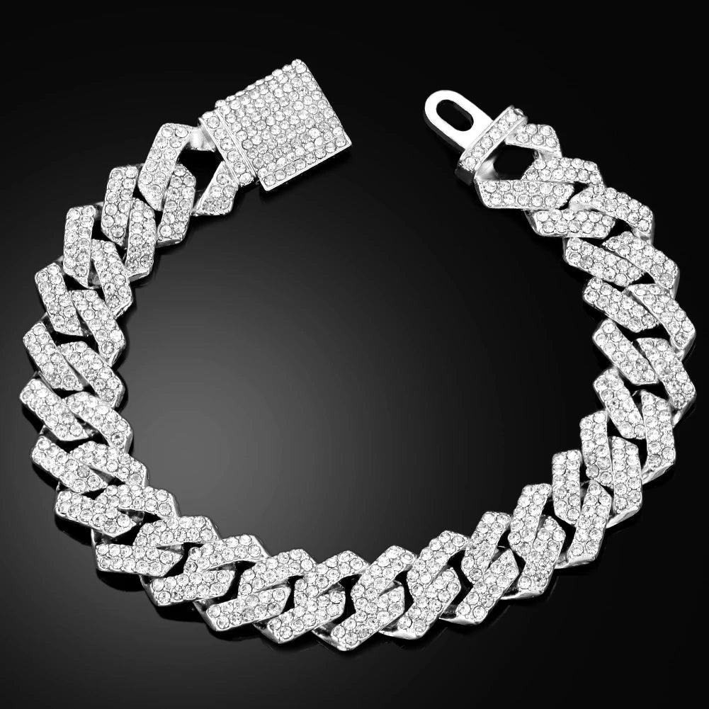 14/20MM Hip Hop Metal Cuban Bracelet Iced Out Chain Bling Full Rhinestone Pave Luxury Crystal Bracelet For Men's Jewelry Gift