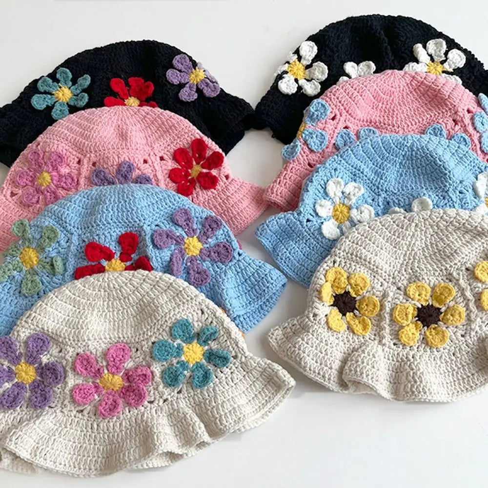 Cute Colorful Knit Hat Hollowed Out Knitted Sunshade Hat Flower Revealing Face Small Basin Hat Outdoor