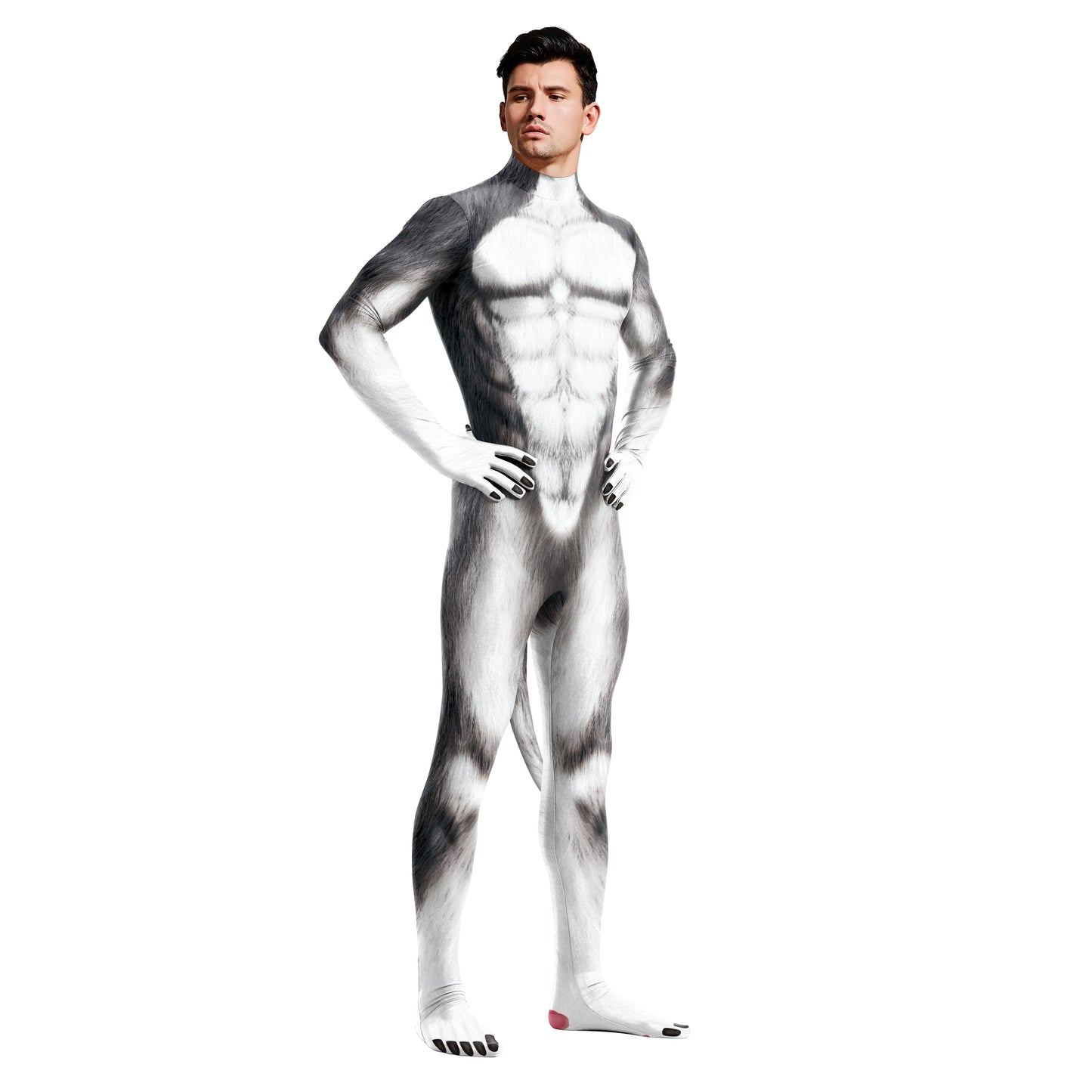 Zawaland Animal wolf 3D Print Petsuit with Tail Cosplay Costume Crotch Zip Jumpsuit Funny Halloween Carnival Disguise Bodysuit