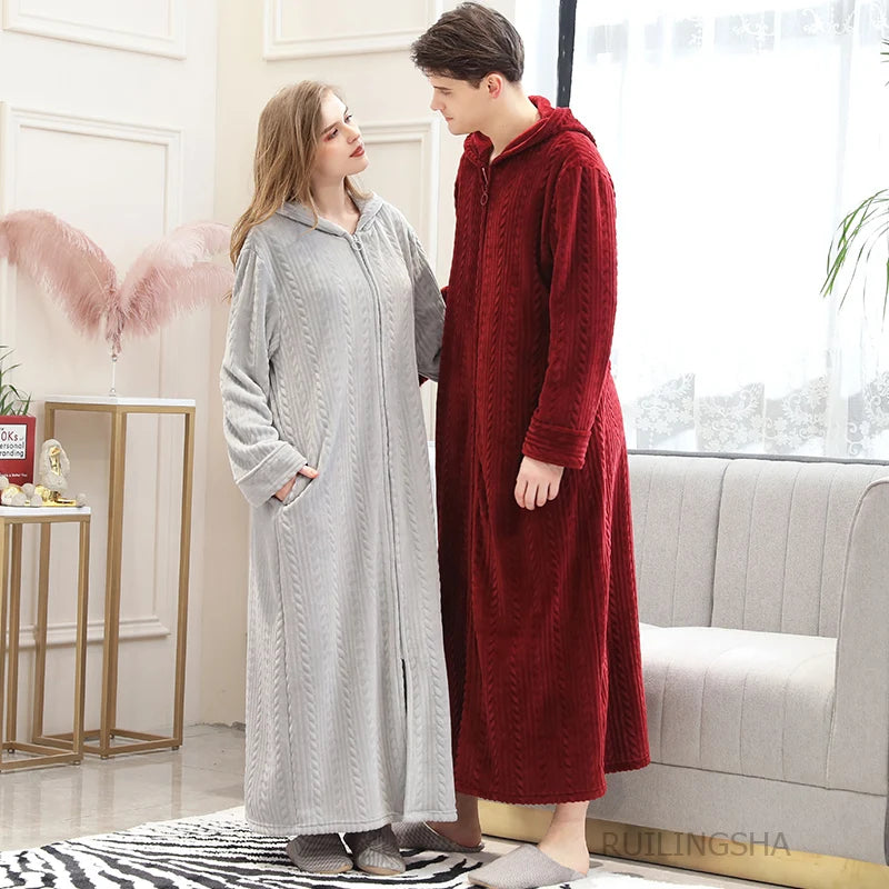 Women Winter Extra Long Thick Warm Bath Robe Plus Size Zipper Luxury Flannel Peignoir Pregnant Bathrobe Men Coral Fleece Robes