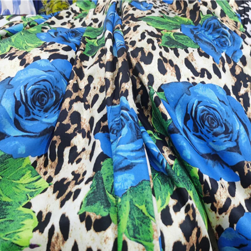 Good Brown Leopard Cotton/spandex Knit Fabric 4-Side Elastic Milk Silk Blue Rose Pattern Print Cloth  DIY Sew Dance Dress/Shirt