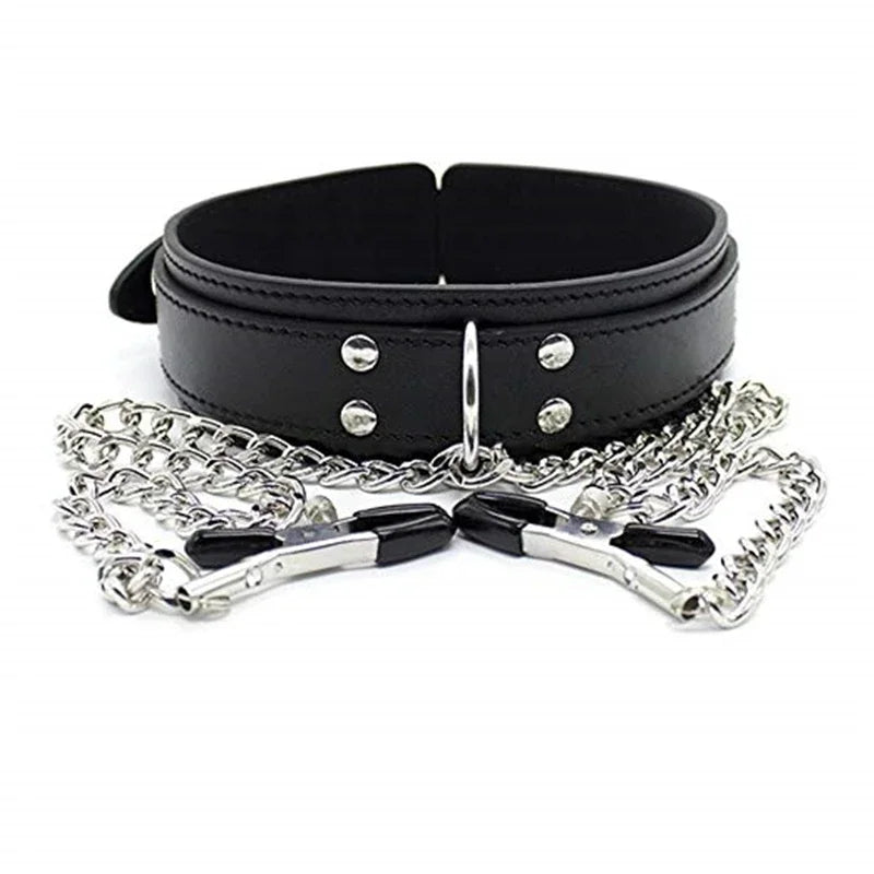 Sexy Leather Choker Collar With Nipple Clamp Breast Clip Chain SM Bondage Couple SM Sex Toys For Woman Erotic Tools Adult Games