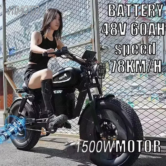 1500W 48V60AH Black Warrior Motorbikes 20inch Fat Tyre Electric Bike Adult Road Hydraulic brake E-bike Adult Road  Electric Bike