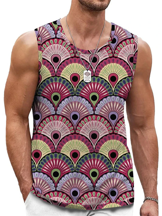 Retro Geometric Graphic Tank Tops For Men Casual Summer Sleeveless 3D Printed Vest Loose Quick Dry Breathable Tees Pullovers