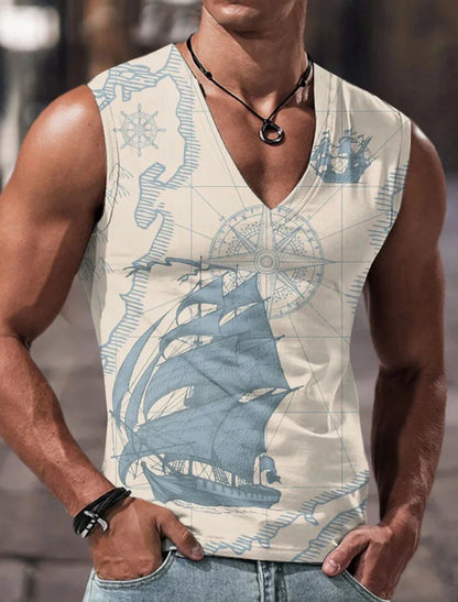 Sailor Suit 3D Ship Print T Shirt Men's Quick Dry Sleeveless Tank Top Oversized Fitness Sports Shirt Men's Design Clothing