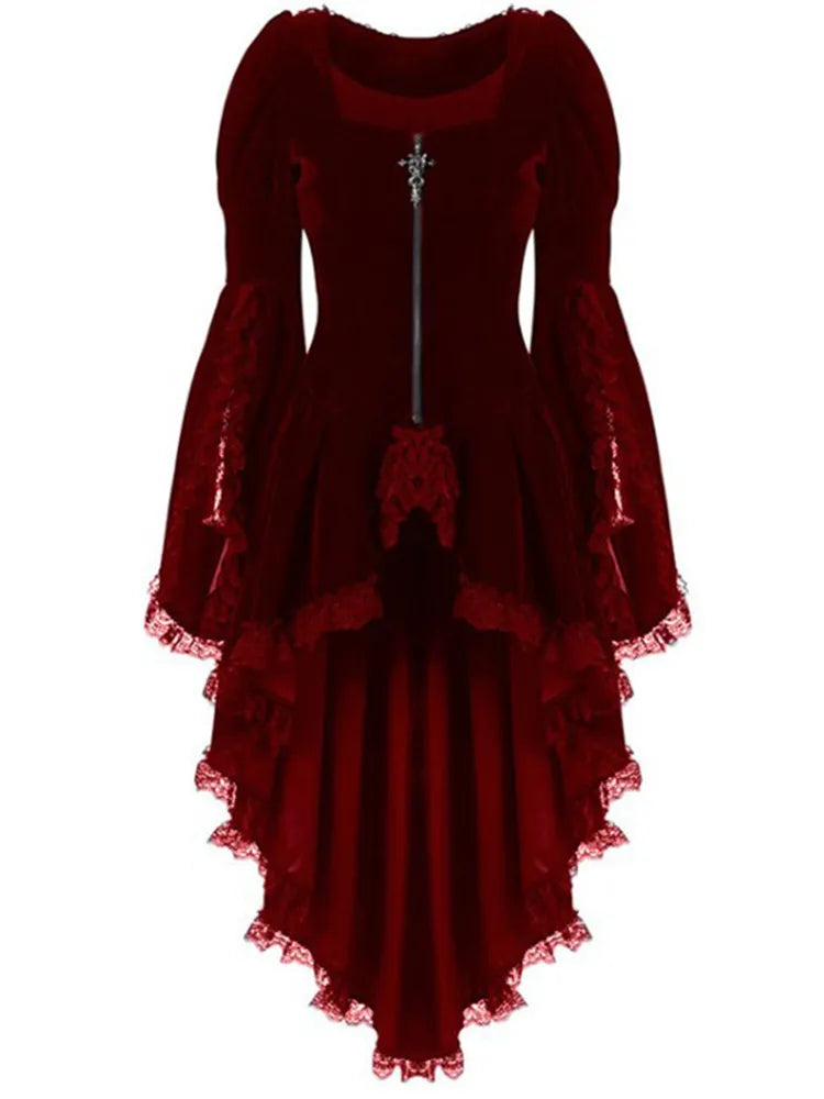 2022 Retro Women Lace Patchwork High Low Dress Gothic Style Tuxedo Clothes Medieval Performing Autumn Winter Ruffle Long Dresses