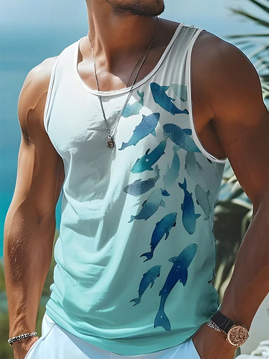 Summer Daily Casual Men's Tank Top Hawaiian Style Fish Print Men's Tank Top Seaside Party Men's Fashion Sleeveless T-shirt