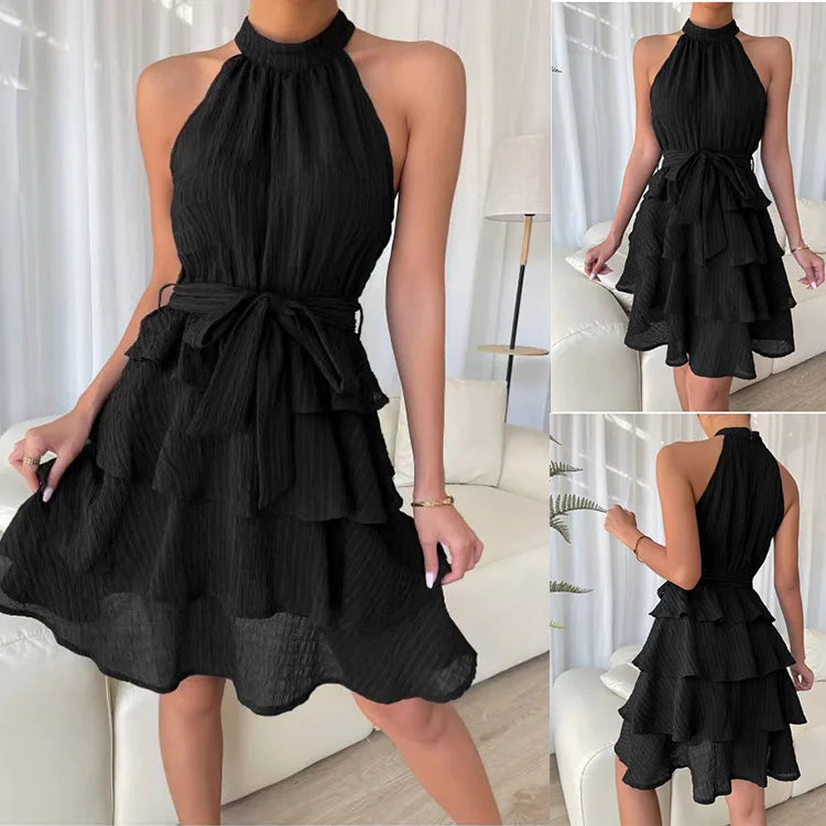 Women Soild Ruffle Design Dress Halter Neck Dress Casual Sweet Style Dress Grace Sleeveless Dress Women Summer Dress