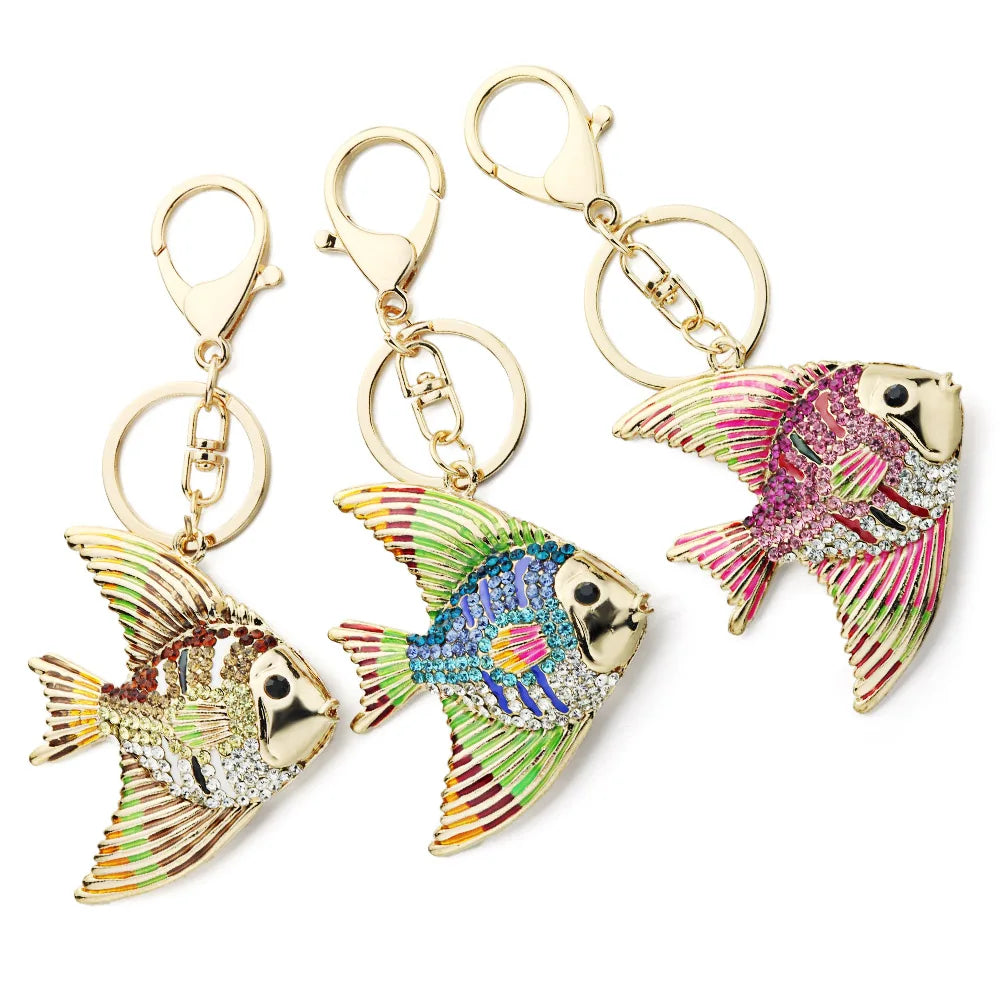 Dalaful Tropical Fish Keyrings Keychains Multicolour Enamel Crystal Goldfish Key Chains Holder Bag Pendant For Car K366