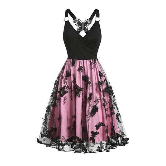 Women Summer Dresses 2024 O Ring Butterfly Back Sheer Mesh Overlay Crossover V Neck Dress Sleeveless A Line Mini Dresses