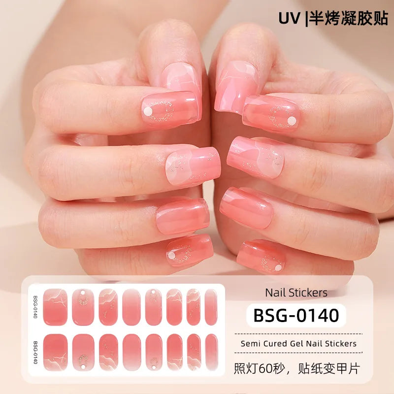 16 Strips Semi-cured Gel Nail Art Stickers 3D Hot Stamping Phototherapy Long Lasting Manicure Stickers Full Cover Nail Charms