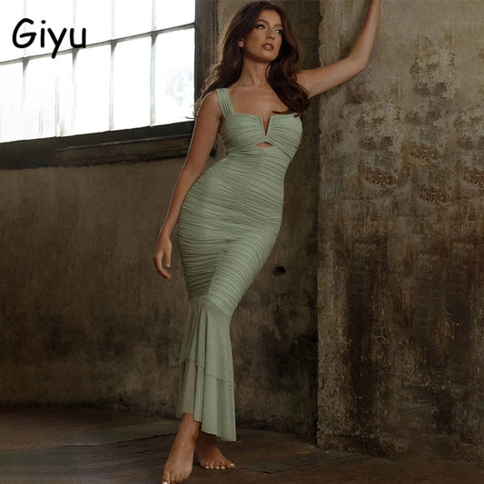 Giyu Sexy Mesh Summer Dress 2024 Women Long Maxi Bodycon Robe Elegant Off Shoulder Backless Split Ruched Club Party Dresses