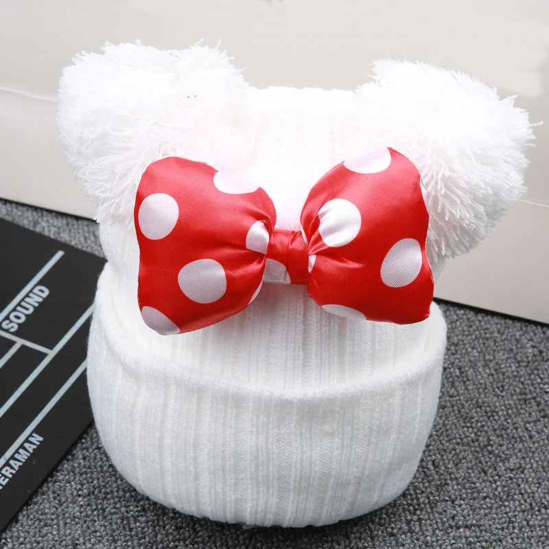 2022 New Cute Polka Dot Cartoon Big Bow Elastic Baby  Hat Children's Knit Cotton Beans Autumn Winter Warm Girl Double Pompom Cap