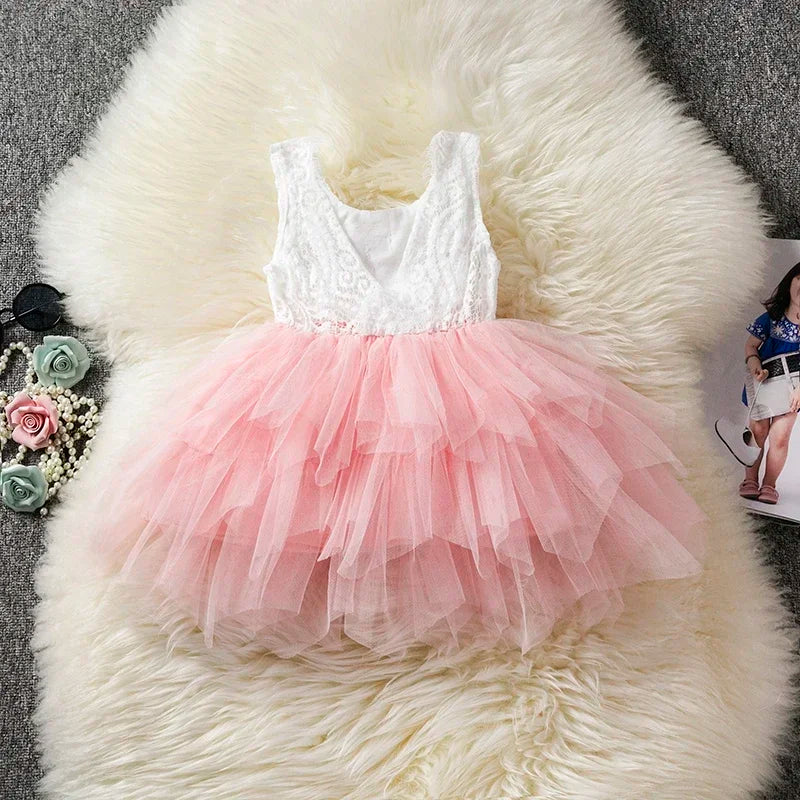 Lace Backless Girls Summer Dress 2023 Flower Design Baby Girl Birthday Clothing Kids Wedding Ball Gown Toddler Girls Casual Wear