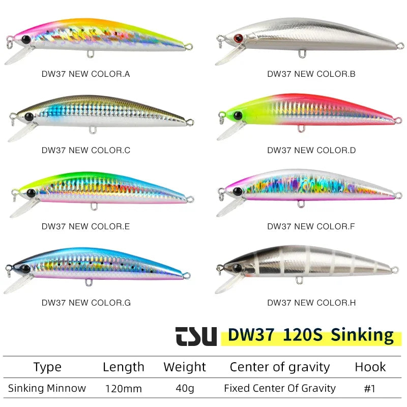 TSURINOYA Sinking Minnow Fishing Lure DW37 120mm 40g Sea Fishing Saltwater Hard Bait High Strength Boat Tackle Tuna Mackerel