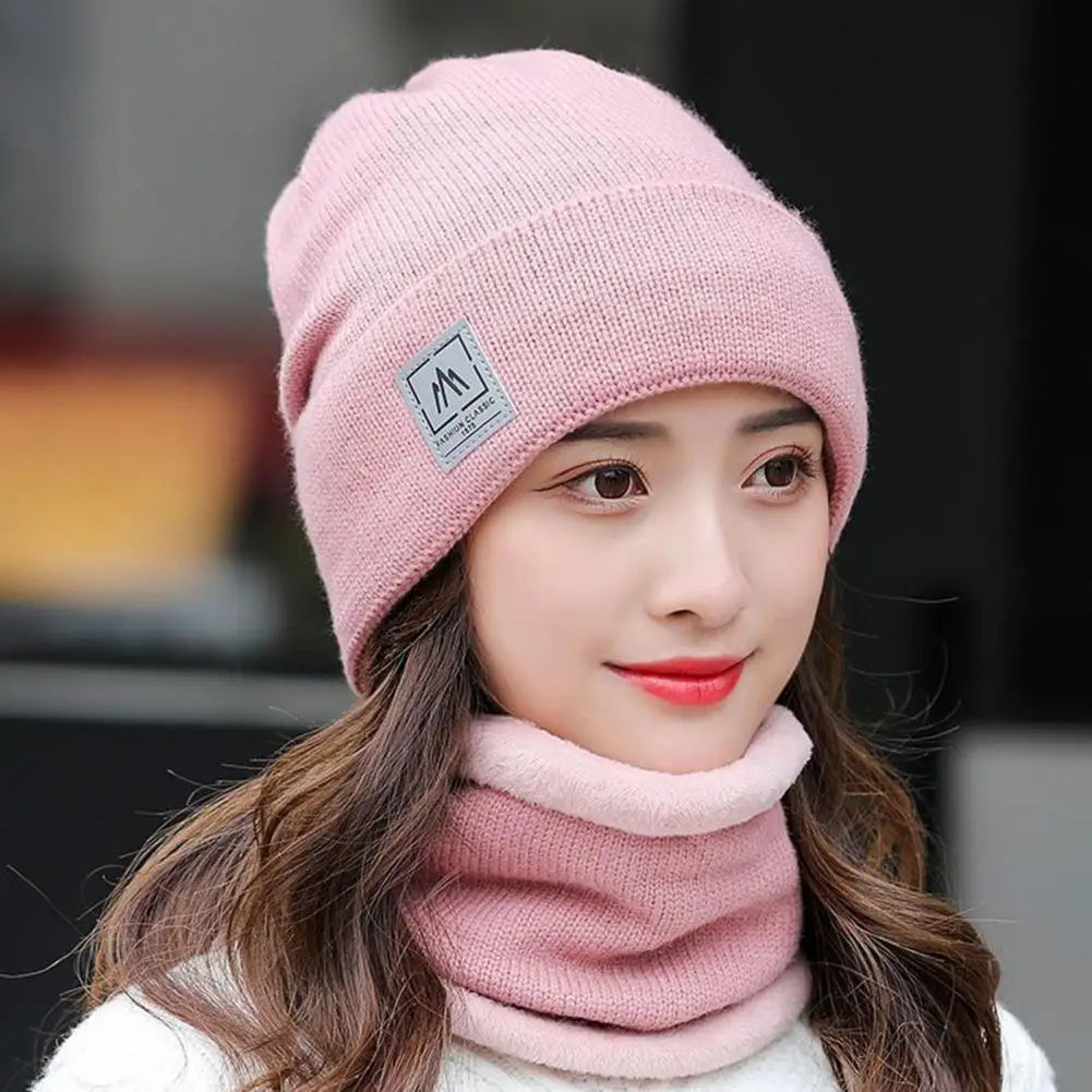 2 Pcs/Set Women Winter Hat Scarf Set Knitted Thickened Solid Color Warm Windproof Elastic Anti-slip Plush Cycling Neck Wrap Bean