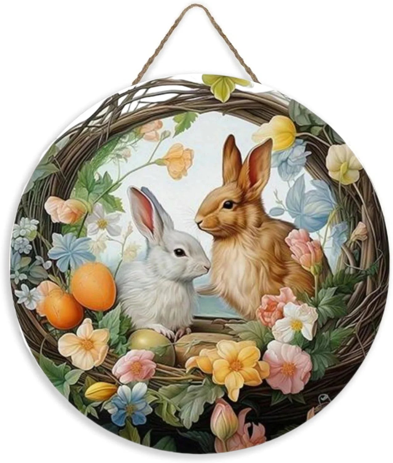 Round Wooden Sign Easter Bunny Art Logo Decoration, Suitable for Bar Home Living Room Room Courtyard Wall Decoration