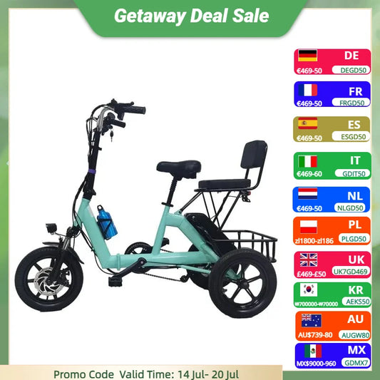 14 Inch Folding Electric Tricycle For Senior 48V Three-wheel Electric Bicycle Adult 2 Basket Seat Small Pedal ebike
