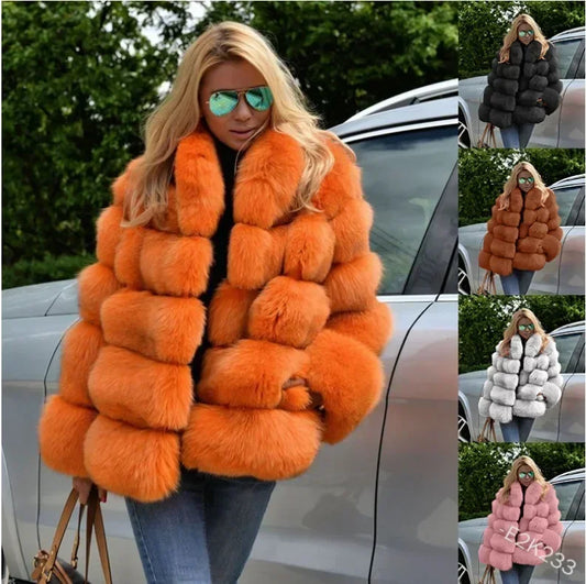 Women Fox Faux Fur Coats Mid Length Coat Turn Down Collar Full Sleeve Thick Warm Elegant Splice Autumn Winter Open Stitch