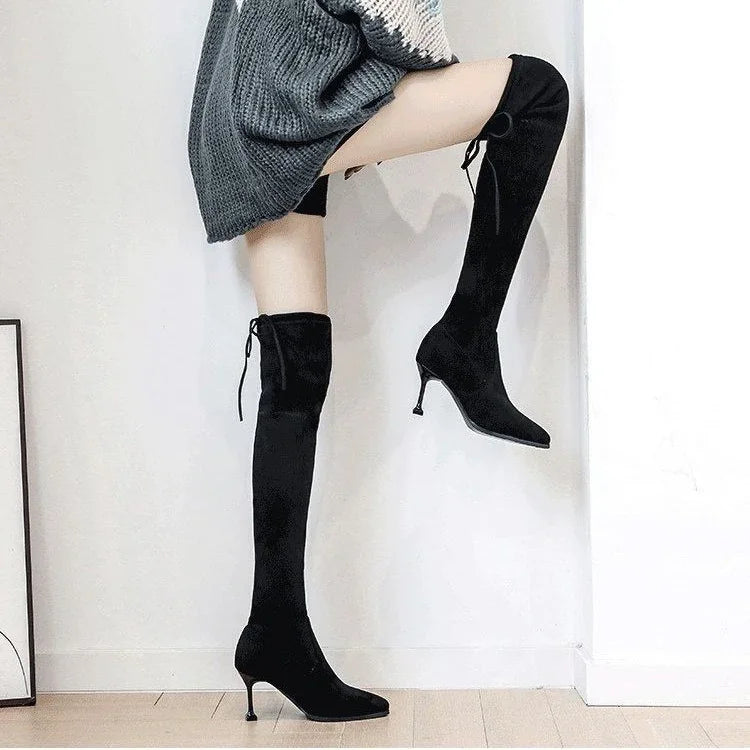 Winter Stretch Long Faux Suede Boots Women Over-the-knee Hight Heel Boots Casual Black Sexy Shoes for Women Autumn Woman Bottes