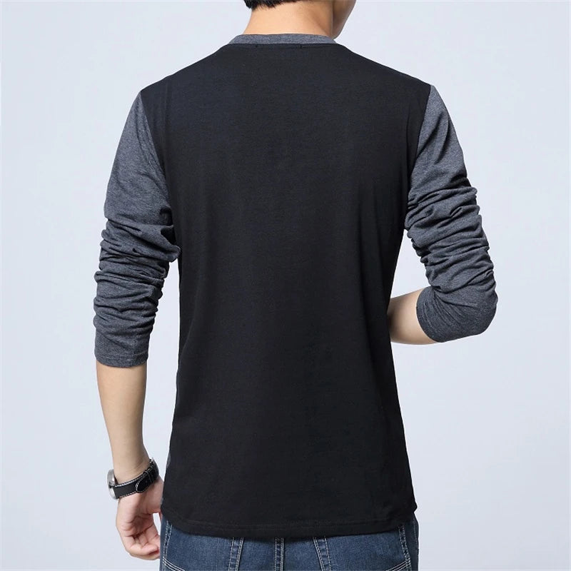 BROWON Fashion Men T-shirt Color Patchwork Design Tee Shirt Homme Cotton Long Sleeve T Shirt Men V-neck Tshirt Homme