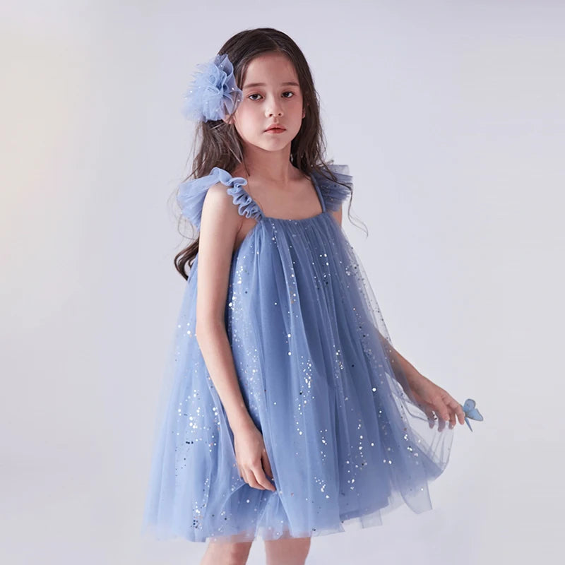 Girls Blue Sequin Summer Dress Kids Evening Party Mesh Princess Costume Toddler Girl Holiday Casual Clothes for 3 4 5 6 7 8 Year