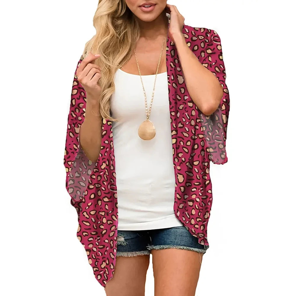 Women'S Summer Beach Kimono Cardigan Floral Print Chiffon Loose Top Bikini Cover Up Sexy Transparent Shawl Oversize Cardigan