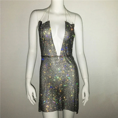 Wholesale Cheap Low Chest Metal Rhinestone Dress Women Sexy Backless Spaghetti Straps Solid Bodycon Party Clubwear Vestidos 2023