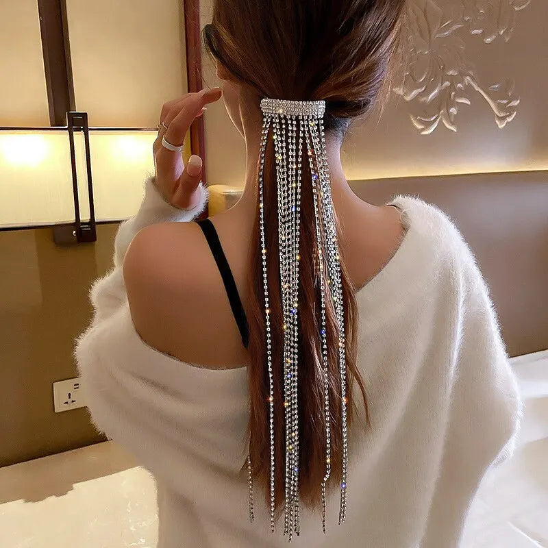 Full Rhinestone Hairpins for Women Long Tassel Crystal Hair Accessories Shiny Hair Barrettes Wedding Party Banquet Hair Jewelry