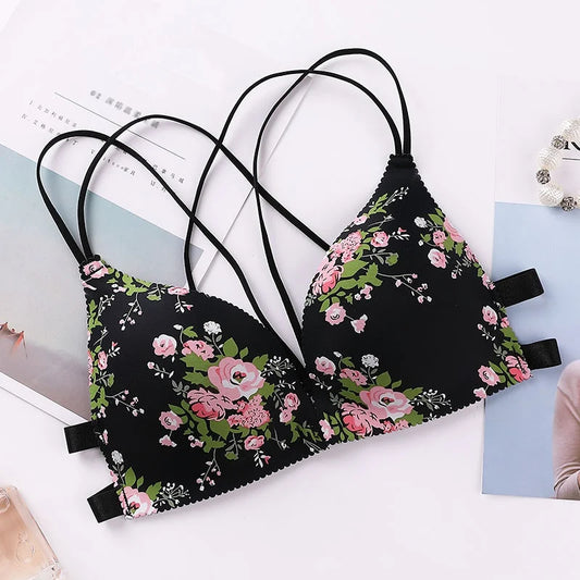 Women Flower Printed Bras Front Buckle Wireless Bralette Sexy Lingerie Comfort Push Up Floral Bras