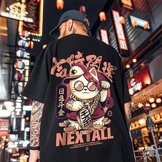 2023 Summer Men Kawaii Lucky Cat Printed T Shirt Homme Short Sleeve Hip Hop Streetwear T-Shirts Japanese Fashion Y2K Tee Shirt