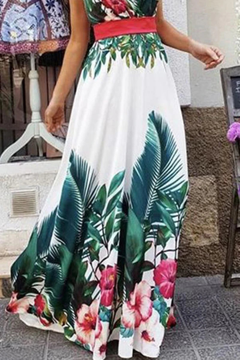 Chic And Elegant Woman Dress Beach Strappy Casual V neck Boho Floral Sleeveless Maxi Party Sundress