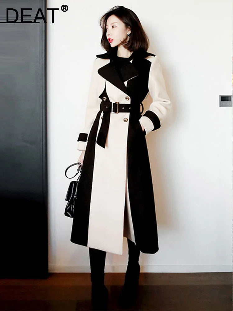 DEAT Woman Trench Coat Color Block With Belt Notched Full Sleeve Elegant High Street Style 2024 New Autumn Fashion 15TT172