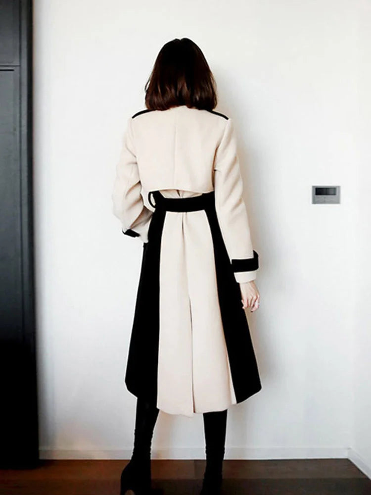 DEAT Woman Trench Coat Color Block With Belt Notched Full Sleeve Elegant High Street Style 2024 New Autumn Fashion 15TT172